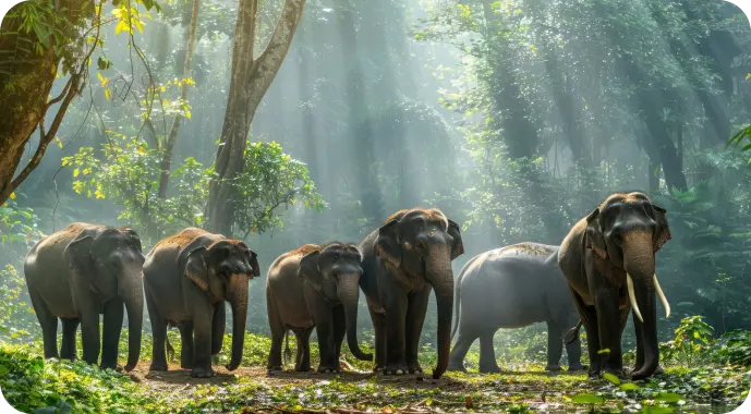 Group of elephants walking through a sunlit forest in Sri Lanka