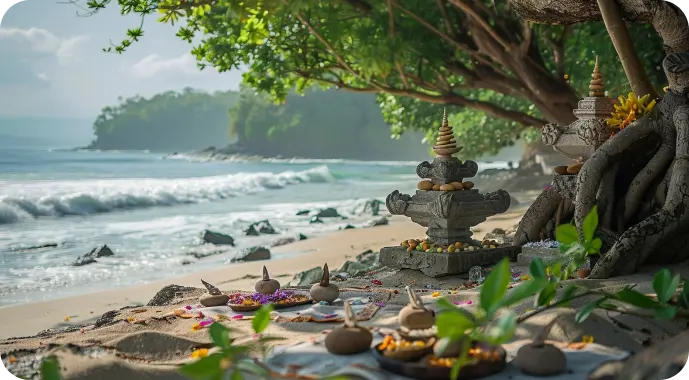 A traditional shrine on a beach in Sri Lanka with waves in the background