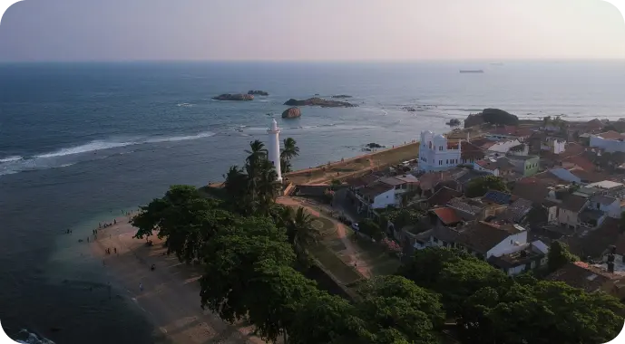 Aerial view of the coastal town of Galle with a lighthouse and ocean in Sri Lanka